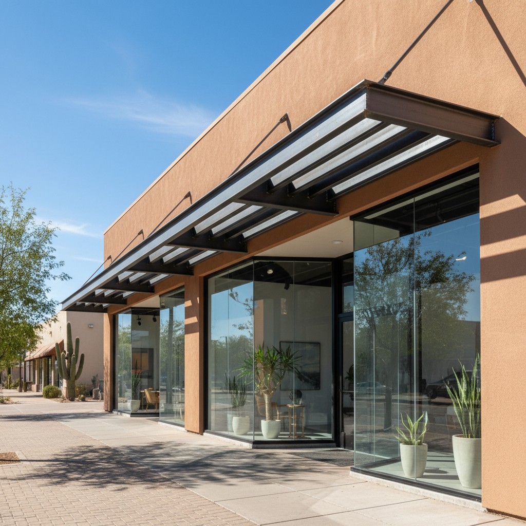 Front of a business with glass windows, tan exterior, and potted plants in full sun.