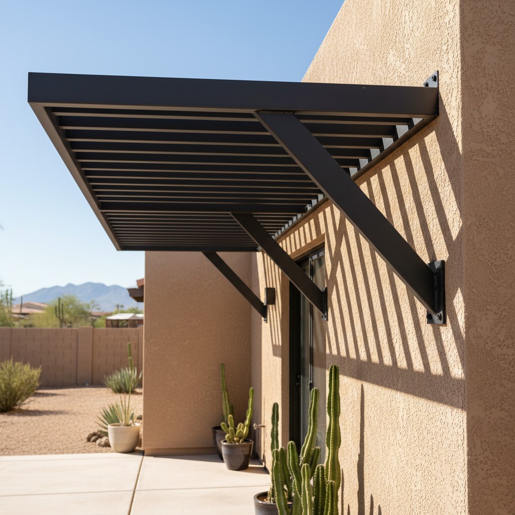 A metal awning over a door and windows on the side of a tan stucco house in a desert setting.
